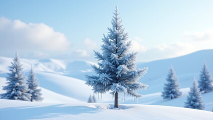 Fototapeta premium A blue pine tree with silvery-blue needles and icicle-covered branches, set in a serene snowy alpine meadow under winter sunlight.