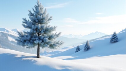 Obraz premium A blue pine tree with silvery-blue needles and icicle-covered branches, set in a serene snowy alpine meadow under winter sunlight.