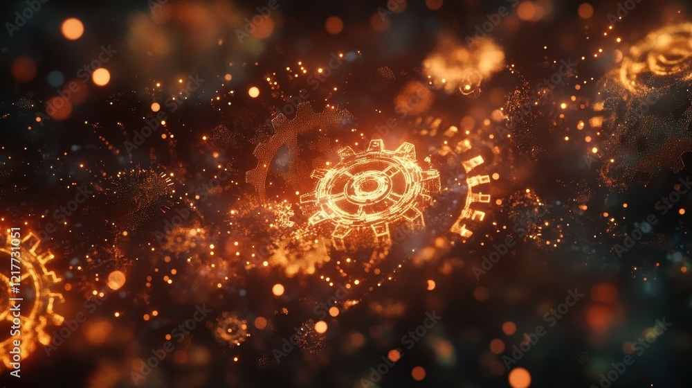Poster complex digital gears rotating in a vibrant technological space create a captivating scene of innova