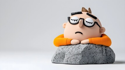 Fototapeta premium A whimsical clay figure of a person with glasses, resting their head on their hands atop a gray rock, wearing an orange sweater.