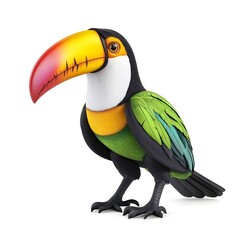 A colorful cartoon toucan with a large beak and vibrant plumage stands in a playful pose, showcasing its distinct features.