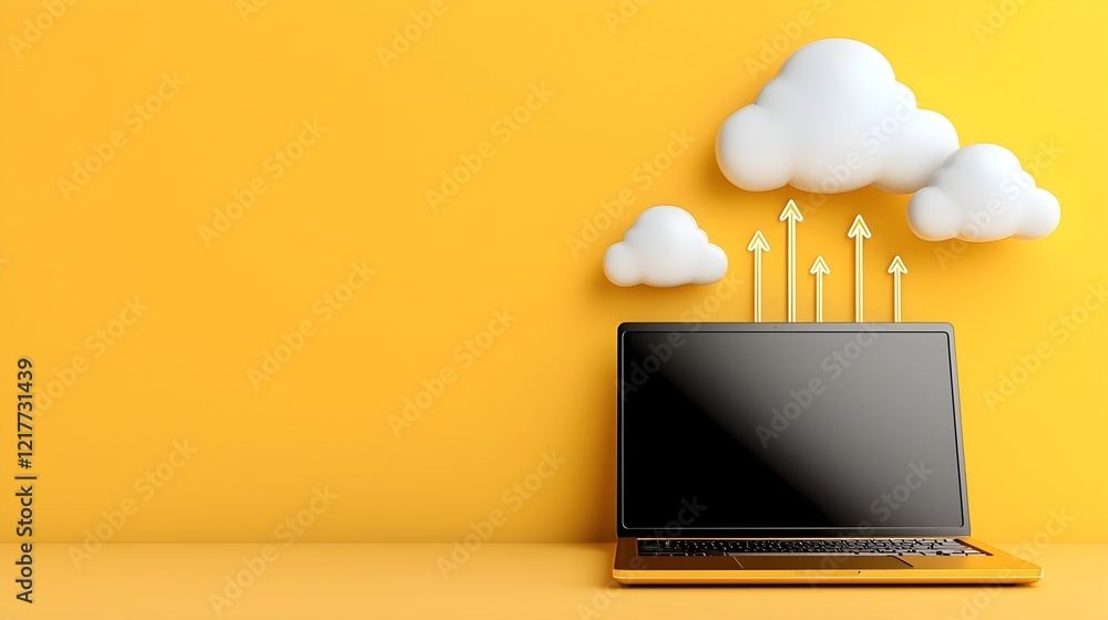 Poster a laptop with cloud icons and arrows on a bright yellow background, symbolizing data upload or cloud