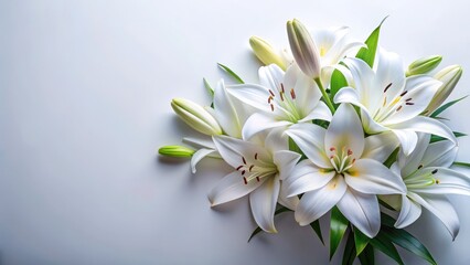 A graceful bouquet of white lilies with delicate petals arranged beautifully against a soft white background, exuding elegance and purity