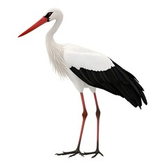A tall, elegant stork with a long neck, red beak, and contrasting black and white feathers, standing gracefully on one leg.