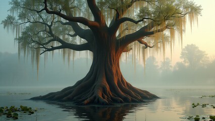 A bald cypress tree with a flared base and light green leaves, surrounded by swamp waters and draped in Spanish moss under a dawn sky.