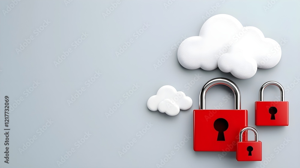 Poster three red padlocks with keyholes are set against a light background with fluffy white clouds, symbol
