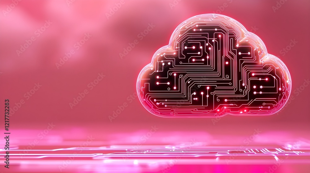 Poster digital cloud with circuit patterns against a pink background, symbolizing technology, connectivity,
