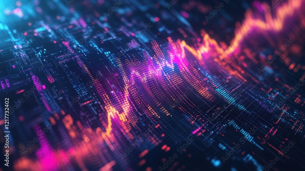 Poster colorful glowing lines flowing through space symbolize data exchange and digital information, illust