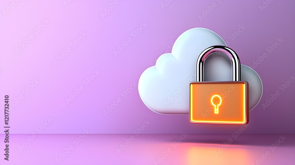 Poster cloud with a padlock symbolizing data security and privacy in a soft purple background.