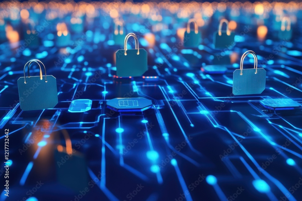 Poster digital locks and technology circuit on blue background represent security in cyberspace