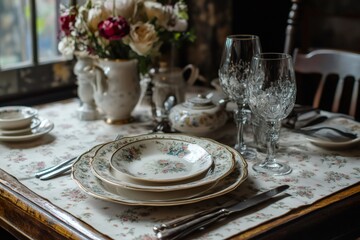Fototapeta premium Elegant Table Setting with Floral China and Crystal Glassware in Vintage Interior
