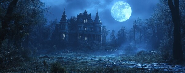 Haunting night exploration of an abandoned mansion enchanted forest digital artwork mystical atmospheric