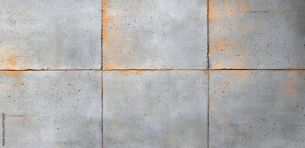 Poster textured concrete surface with subtle orange rust staining, featuring rectangular tiles arranged in 