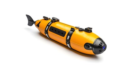Underwater drone with a sleek design, featuring an orange body and advanced sensors for exploration and research purposes.