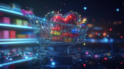 Shopping cart full of gift boxes and a glowing heart symbolizes the concept of valentine's day shopping in a futuristic supermarket with colorful bokeh lights