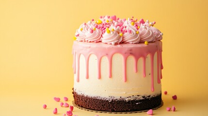 A playful Valentine's chocolate cake with pink and white frosting swirls and candy sprinkles, isolated on a pastel yellow background