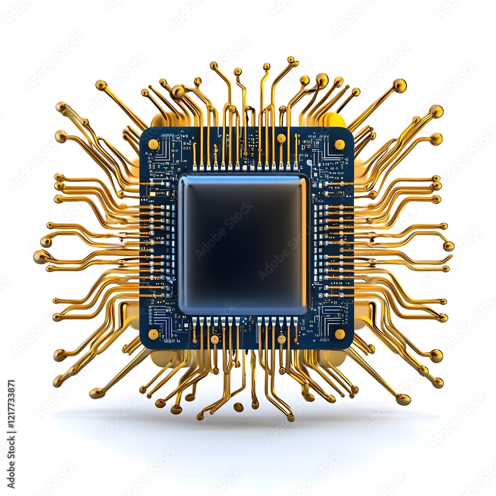 Poster 3d illustration of a computer chip with golden circuits, symbolizing technology and innovation in el