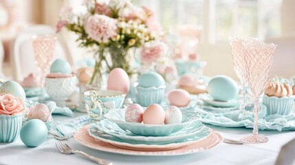A festive table is adorned with colorful cups, plates, and blooming flowers, perfect for celebrating Easter with family and friends.
