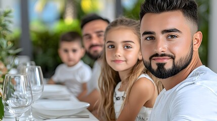 Obraz premium A family gathers at a dining table, smiling and enjoying each other's company in a bright, outdoor setting.