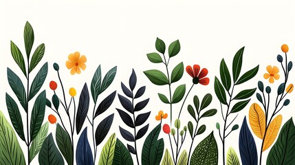 Vibrant hand-drawn foliage featuring various leaves and flowers on a light background, perfect for nature-inspired designs.