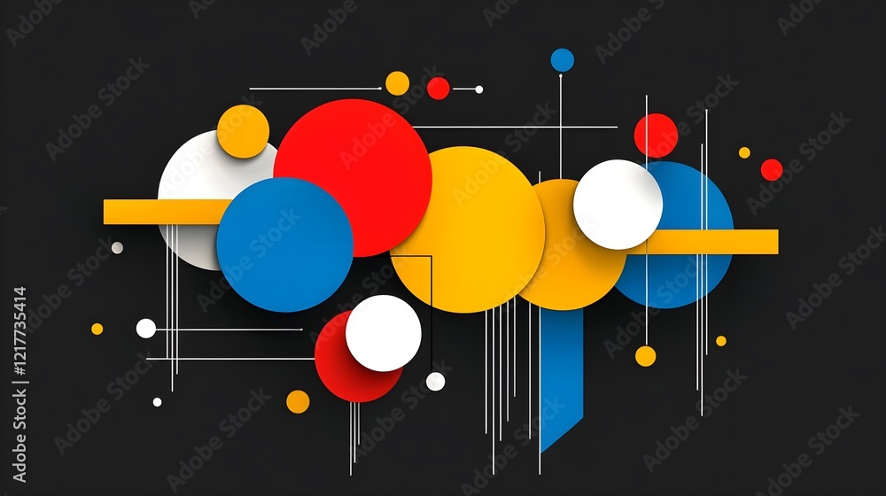 Poster colorful geometric shapes and lines create a vibrant abstract design on a dark background.
