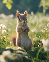 Cute squirrel posing in meadow, sunlight, flowers, nature, wildlife poster