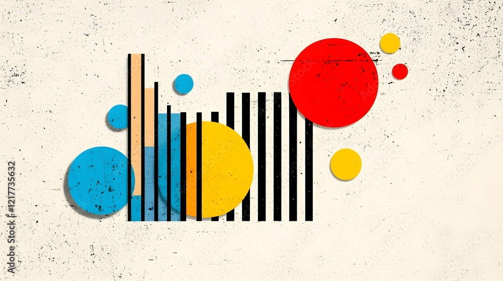 Poster abstract design featuring vibrant circles and vertical stripes on a textured background, creating a 