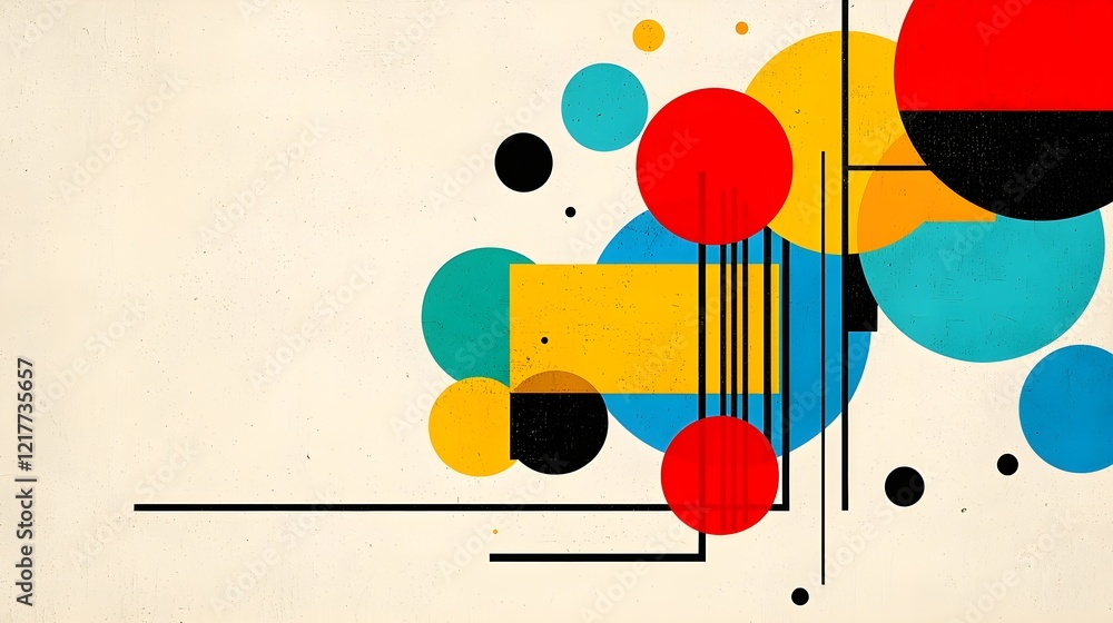 Aufkleber abstract composition featuring colorful circles and geometric shapes on a textured background.