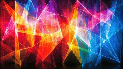 Colorful laser light show stage design, vibrant geometric patterns, dark background, event backdrop