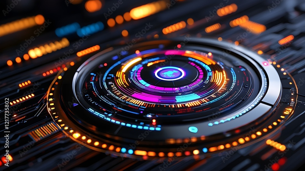 Poster abstract digital design featuring vibrant circular patterns and glowing elements on a dark backgroun