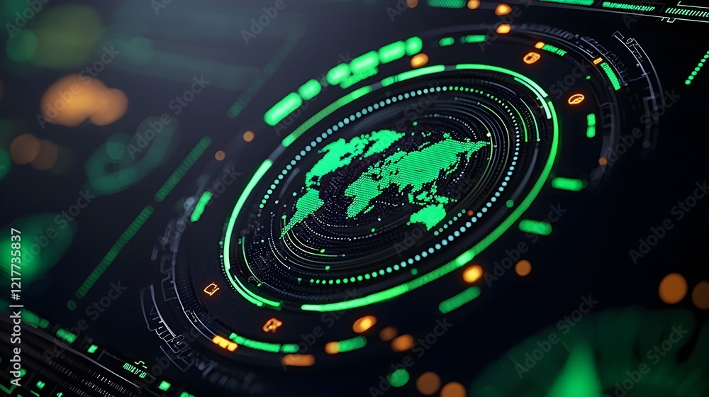 Poster digital world map displayed with green neon lights and intricate data visualization elements, highli