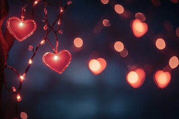Dark gradient background transitioning from deep burgundy to black, glowing heart-shaped string lights, romantic and cozy evening vibe