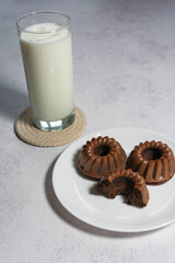 Chocolate muffins with a glass of milk on a light background