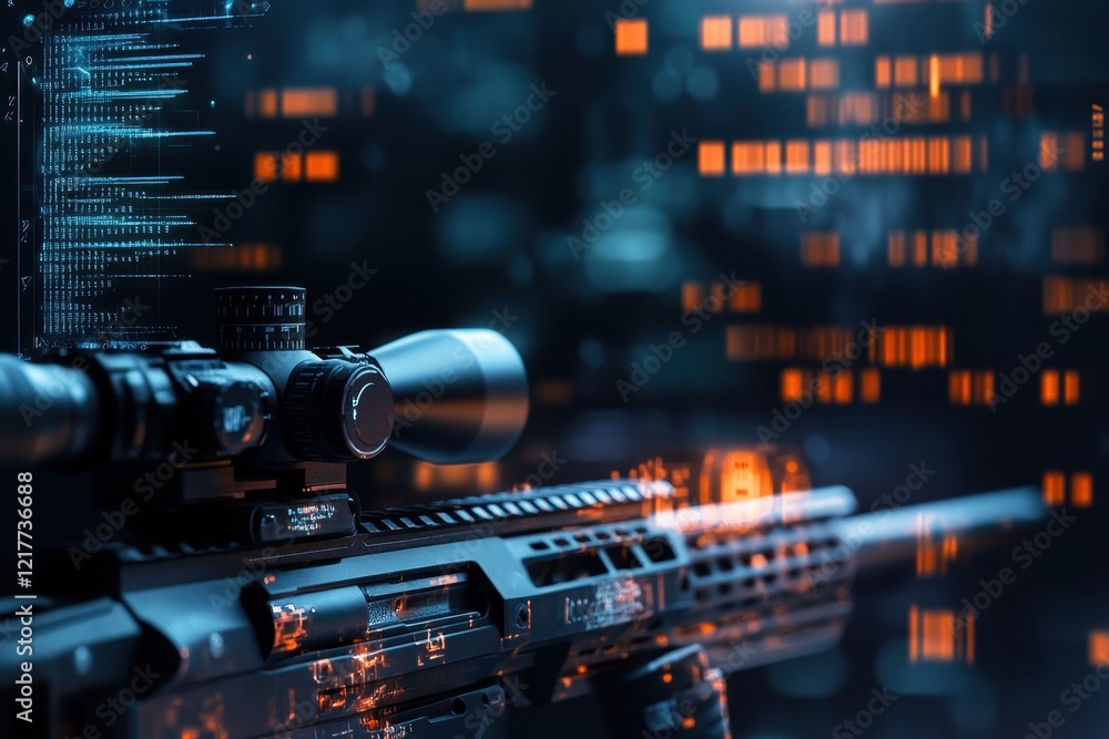 Poster high-tech sniper rifle with digital interface in a futuristic setting