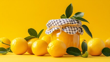 A decorative calamansi marmalade jar with a gingham fabric cover, surrounded by fresh calamansi, isolated on soft yellow