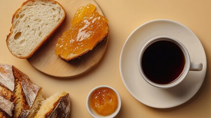 A flat lay of calamansi marmalade, artisan bread, and a cup of black tea, isolated on a warm cream background