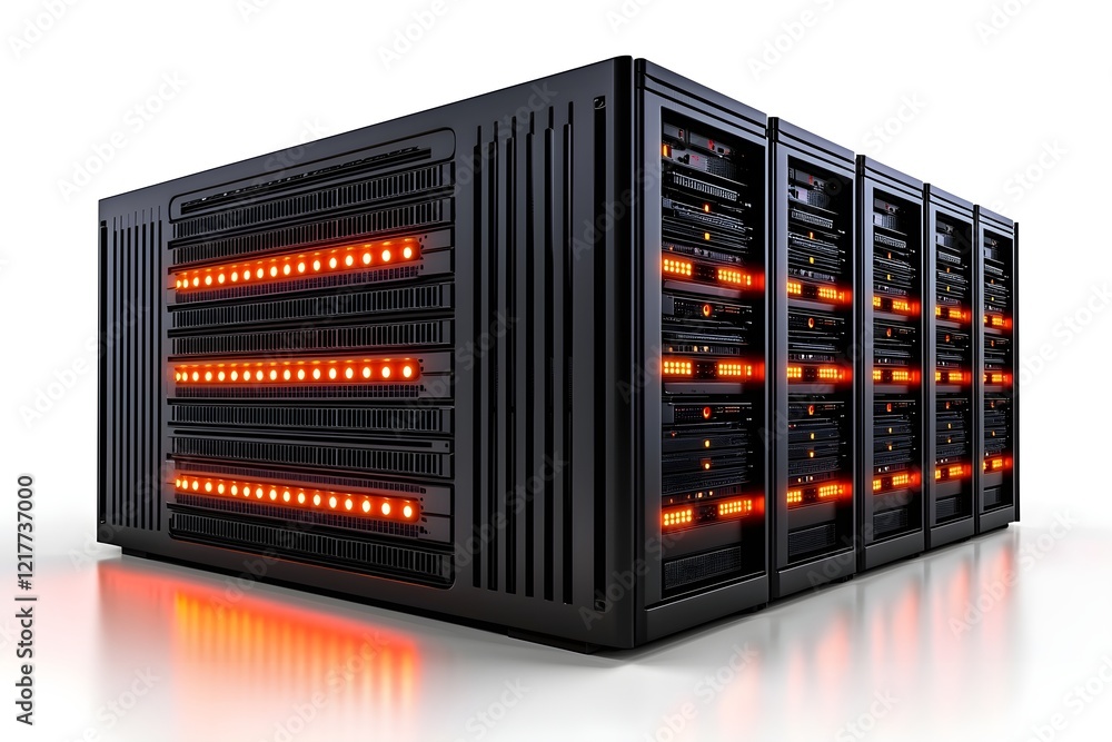 Poster high-tech server rack with glowing orange lights, showcasing advanced data storage and processing ca
