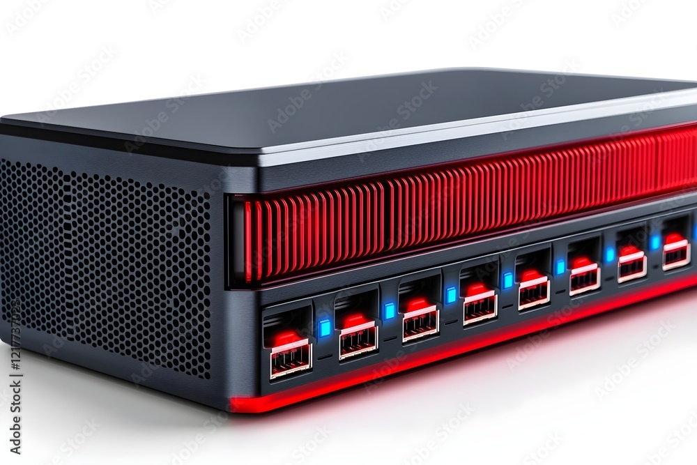 Poster high-tech computer device with multiple usb ports and a sleek black and red design, ideal for modern