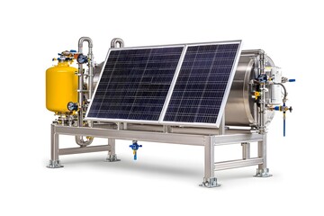 Fototapeta premium Solar-powered equipment with stainless steel components, featuring solar panels, a yellow tank, and a modern design for sustainable energy applications.