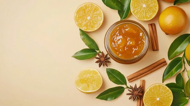 A jar of calamansi marmalade surrounded by fresh calamansi, cinnamon sticks, and star anise, isolated on a warm beige background