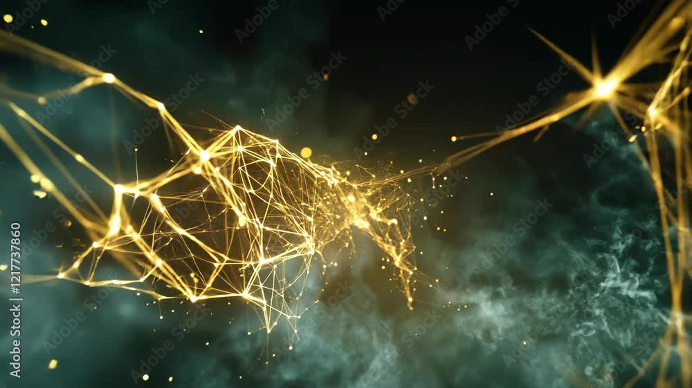 Poster digital representation of interconnected data points with glowing threads and a dark background in a