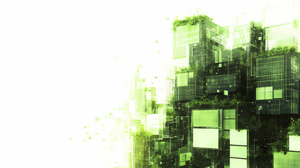 An abstract representation of a digital cityscape with buildings adorned in greenery and solar panels, illuminated by a soft green glow against a plain white background. Solar Plains. Illustration