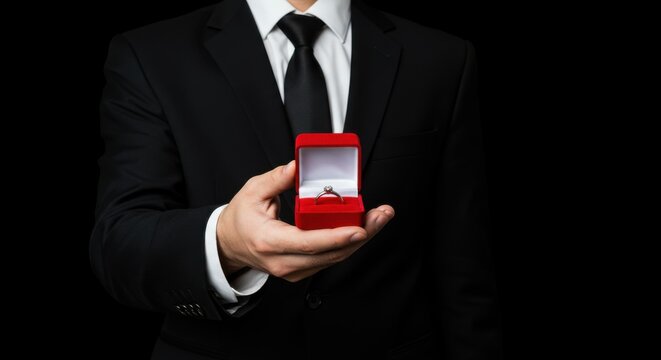 A person from the waist up dressed in a formal black suit with a white shirt and the individual is holding a red engagement ring box in his right hand seems proposing for valentine's day
