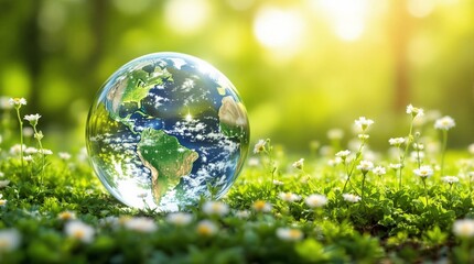 Glass Globe Earth Against Sunlit Green Nature Background and Wite Flowers Symbolizing Sustainability with Copy Space  