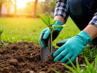 Fototapeta premium Planting tree seedlings in moist soil in a park on a sunny spring day with hands in protective gloves using garden tools.