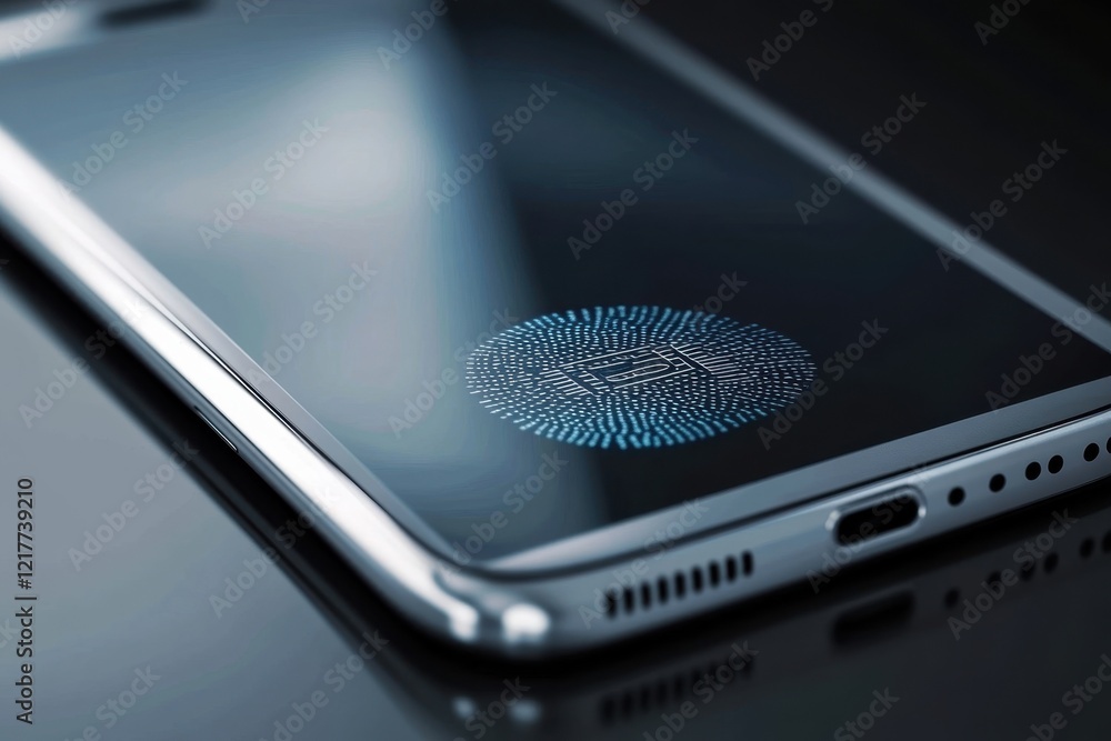 Poster modern smartphone displaying fingerprint authentication feature on sleek screen
