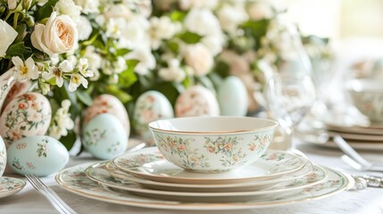 A festive table is elegantly arranged with a delicate tea cup and saucer, perfect for celebrating Easter gatherings.