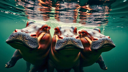  a family of hippos, exhibiting grace and elegance. 