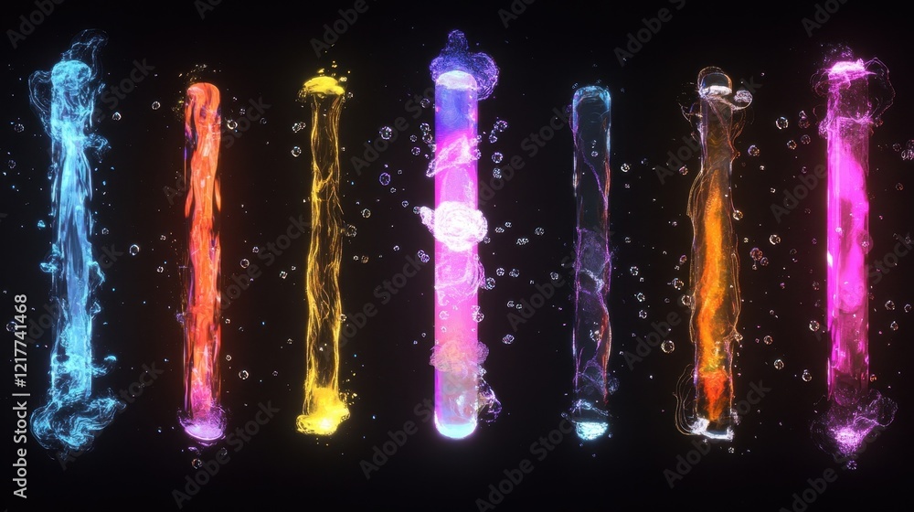 Poster colorful columns of liquid swirling, splashing, and generating bubbles on a black background, creati