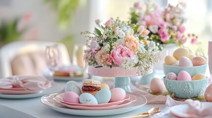 Fototapeta premium A festive table is adorned with various delicious dishes, celebrating the joy of Easter gatherings and feasting with loved ones.